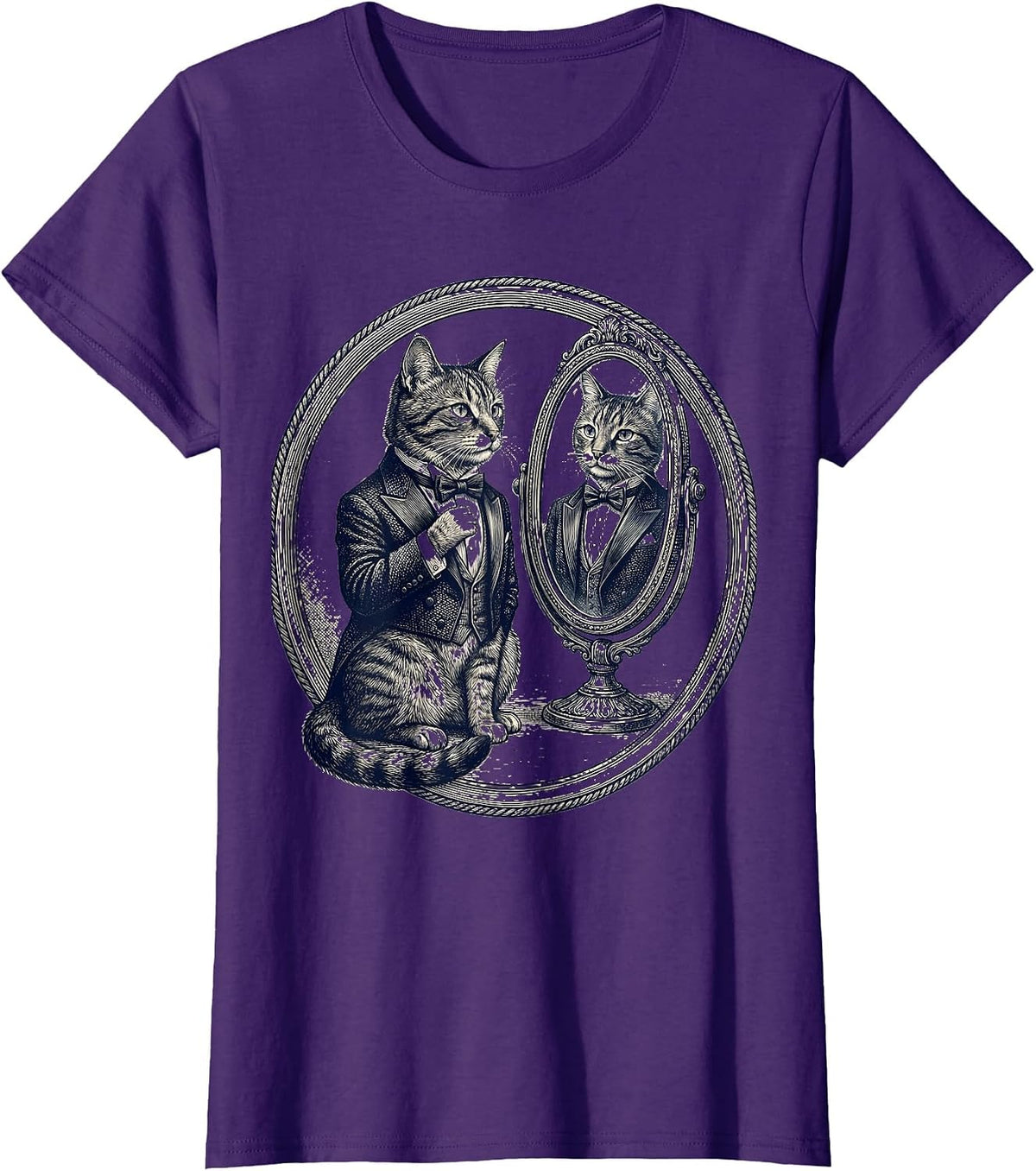 Women's Dapper Cat Bow Tie Mirror Tuxedo Graphic T-Shirt - Purple