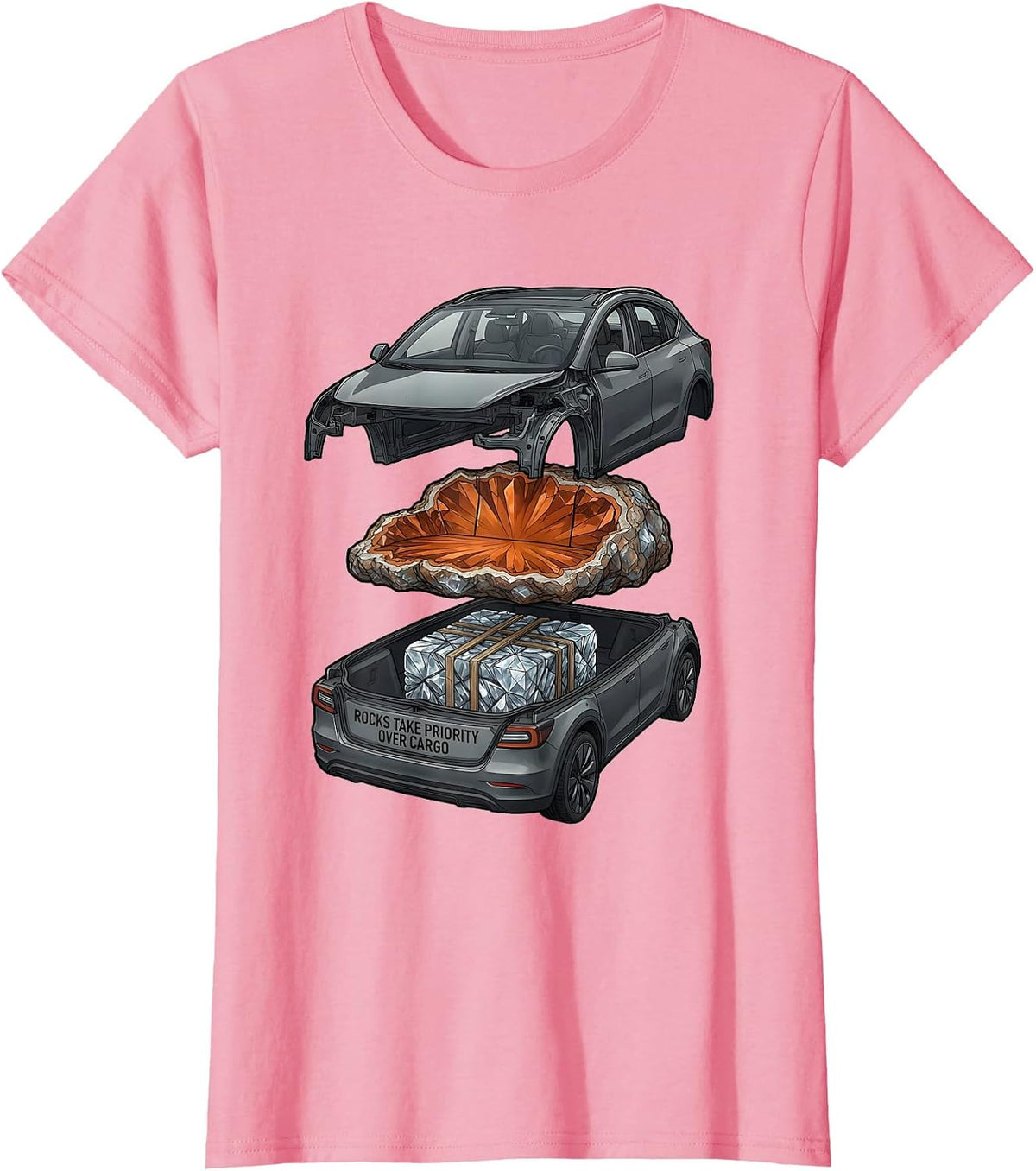 Women's Rocks Take Priority Over Cargo Funny Rock Collector Geode T-Shirt - Pink