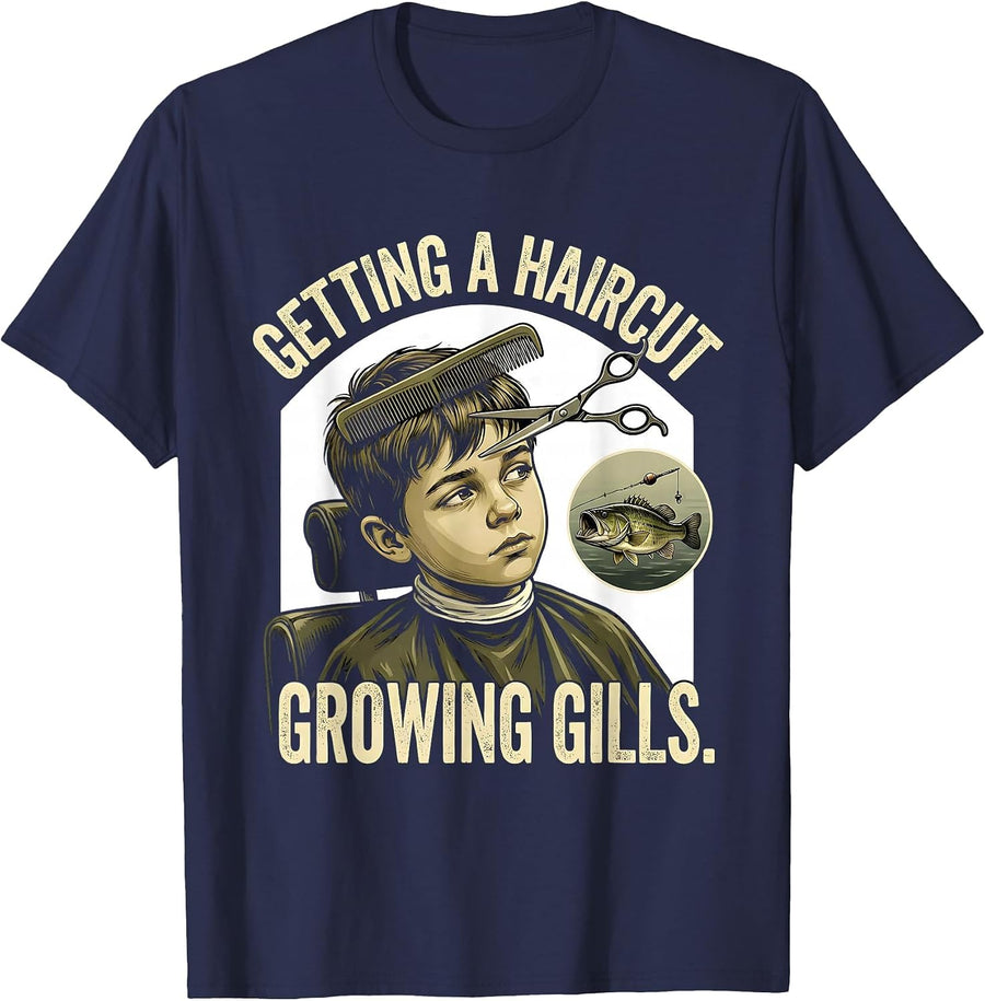 Getting A Haircut Growing Gills Funny Bass Fishing Humor T-Shirt - Navy Blue