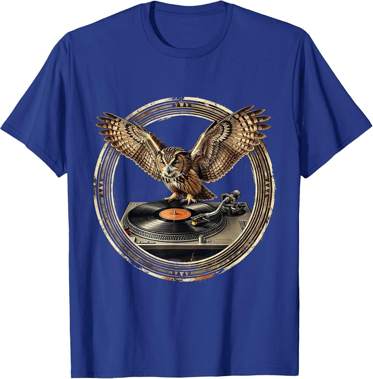Men's Hip Hop Owl DJ Vintage Turntable Illustration T-Shirt - Royal Blue