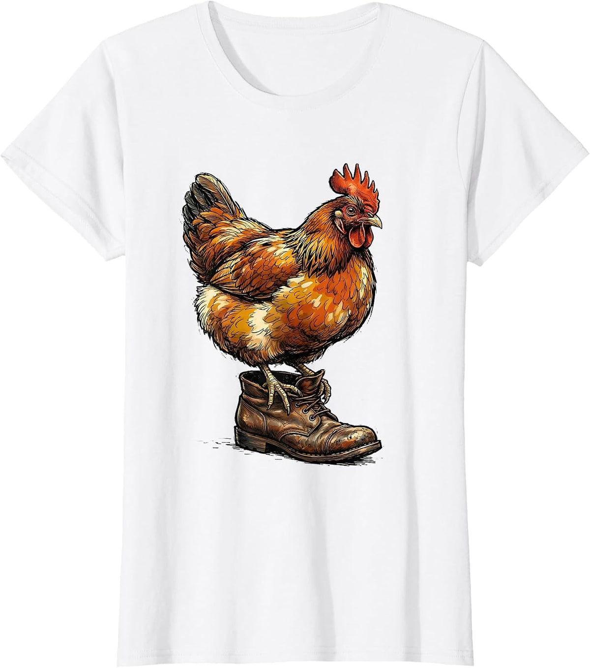 Women's Puffed Hen On Boot Funny Chicken Lover Farm Humor T-Shirt - White