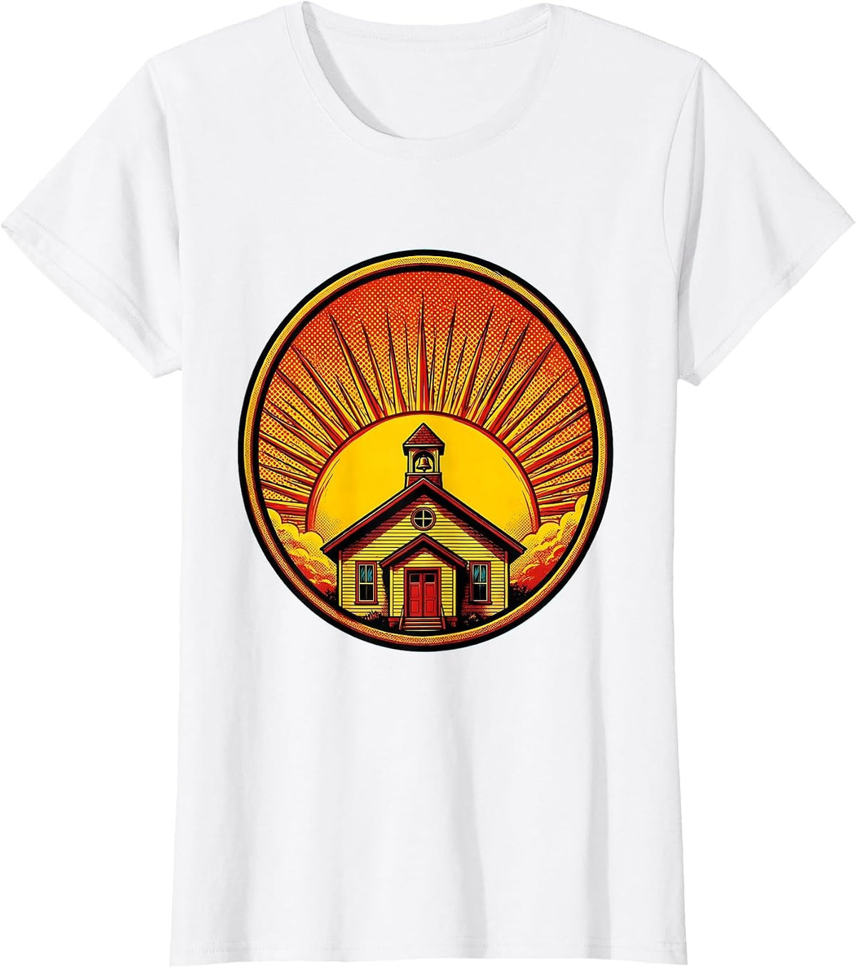 Friyay Teacher Sunset Schoolhouse Graphic T-Shirt - White