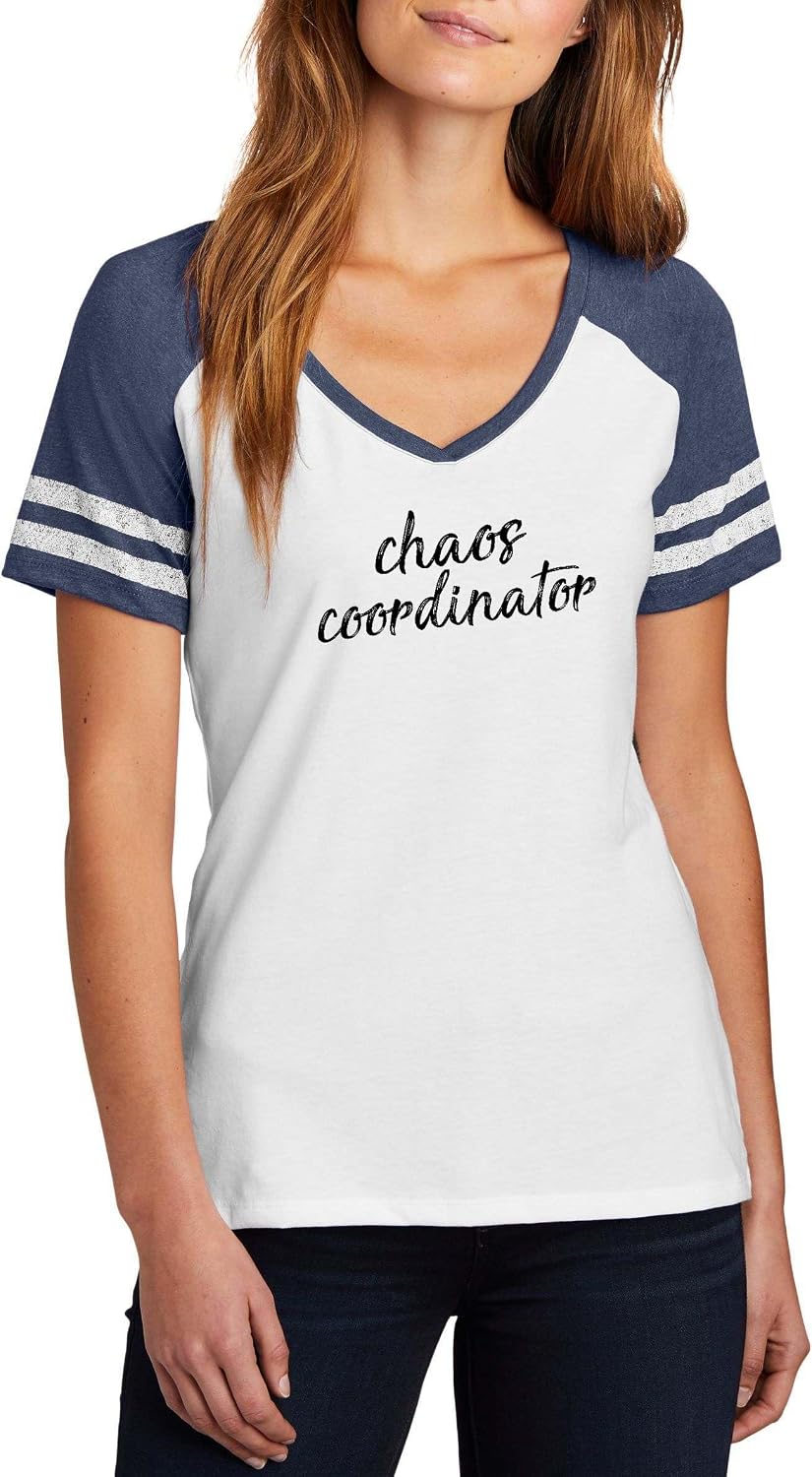 Chaos Coordinator Funny Sarcastic Quote Top Ladies Game Day V-Neck Tee - Ladies V-Neck White\/Heathered Navy