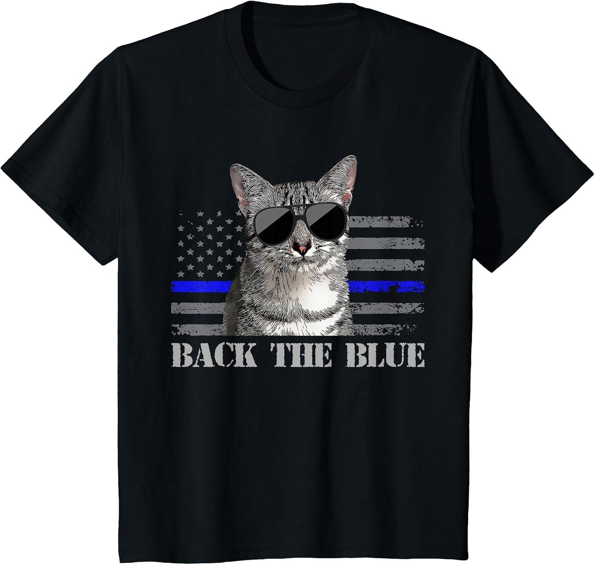 Back the Blue Police Cat Thin Blue Line American Flag T-Shirt - Black