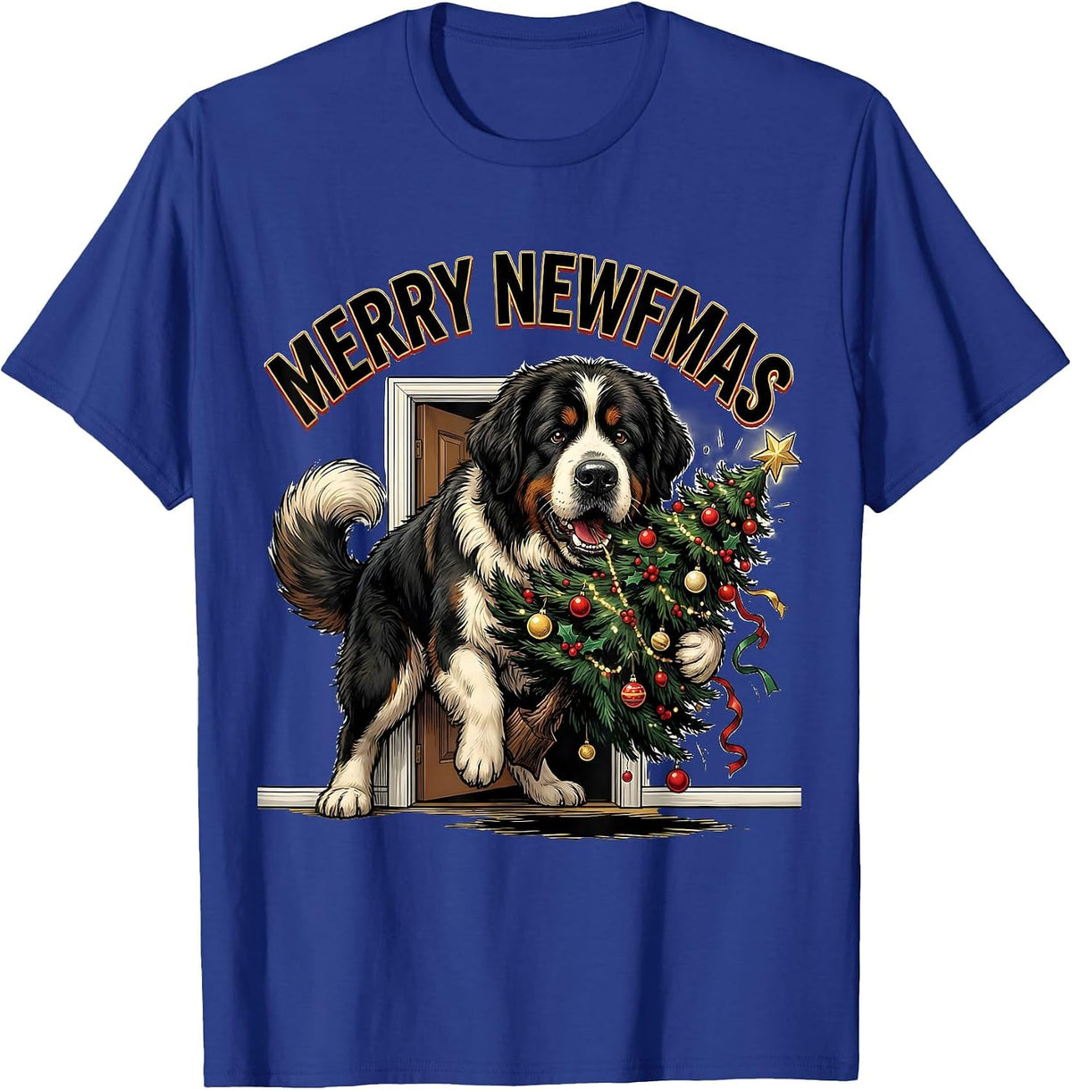 Men's Merry Newfmas Cartoon Newfoundland Dog Christmas Pajama T-Shirt - Royal Blue