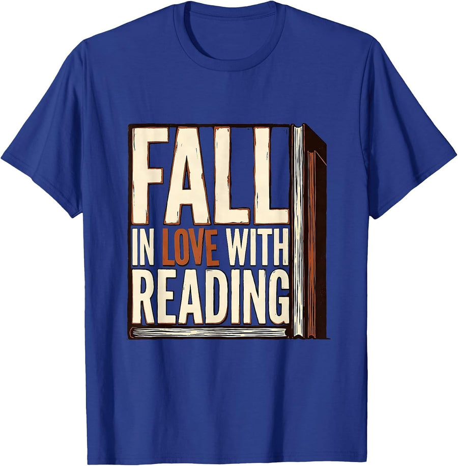 Fall In Love With Reading Linocut Teacher Book Lover Autumn T-Shirt - Royal Blue