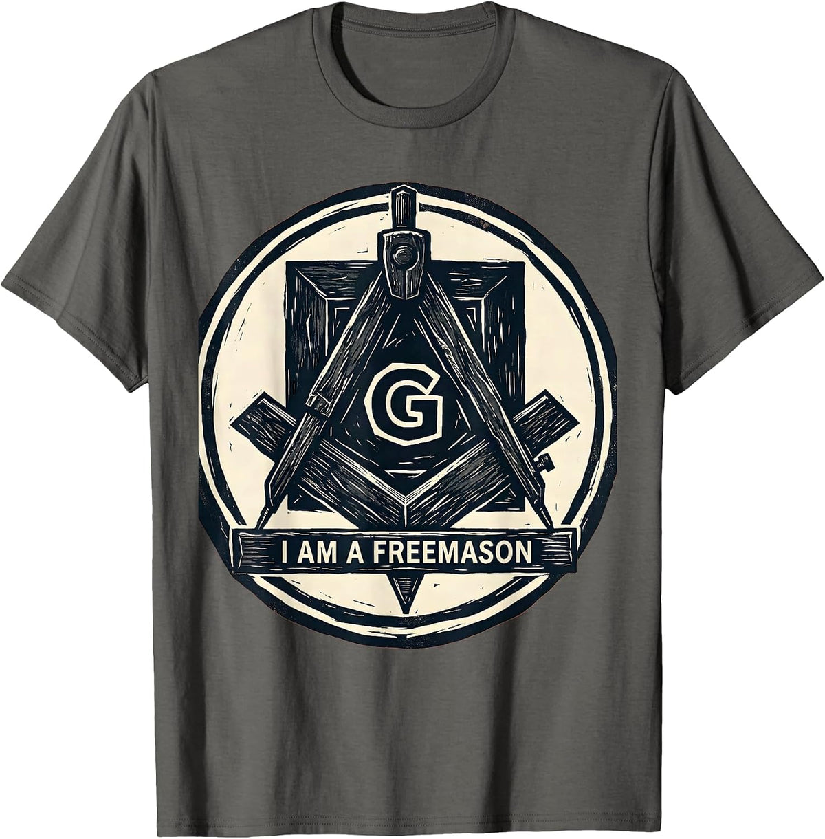 I Am A Freemason Linocut Masonic Square And Compass T-Shirt - Asphalt Grey