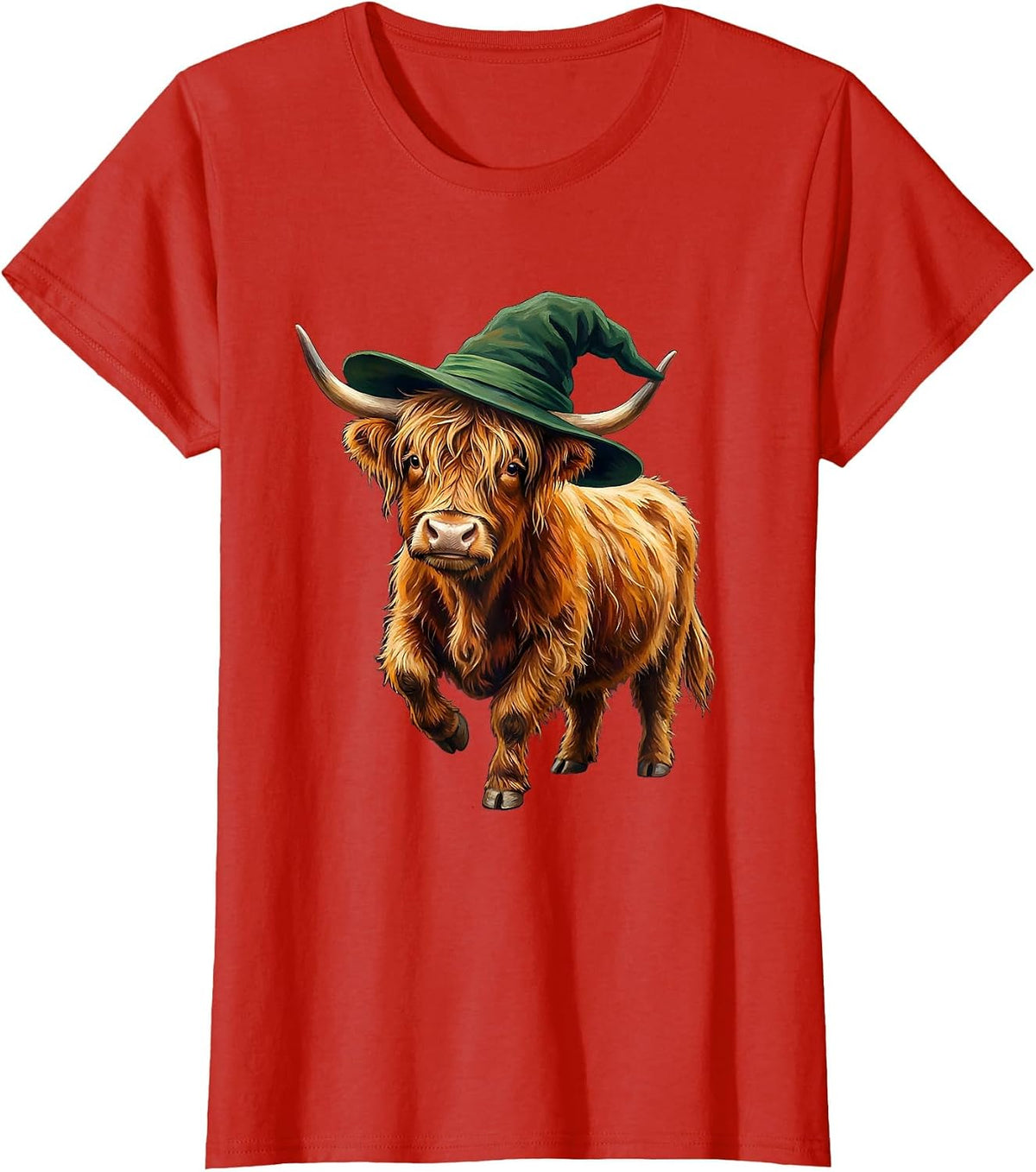 Soft Highland Cow Witch Halloween Storybook Humor T-Shirt - Red