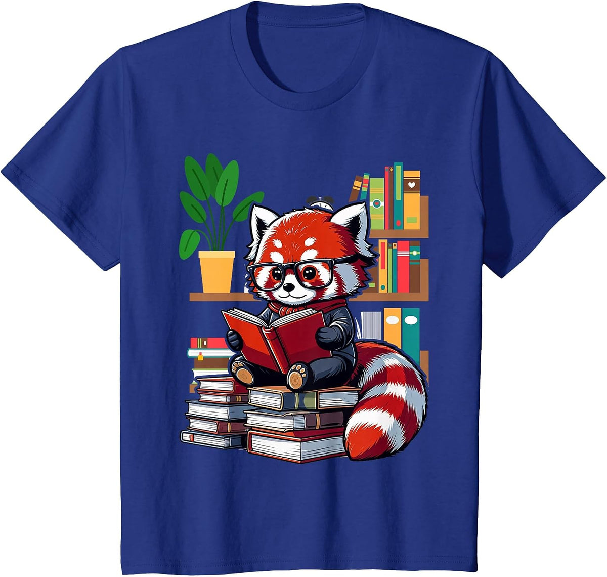 Red Panda Books Lover Reading Bookworm T-Shirt - Royal Blue