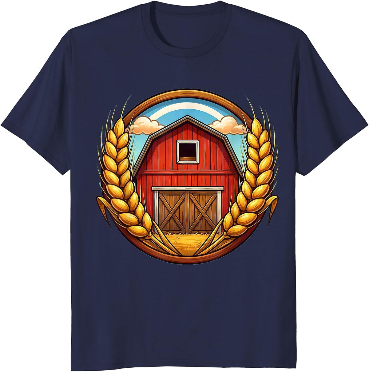 Old Barn Rolling Wheat Fields Rustic Farm Scene T-Shirt - Navy Blue