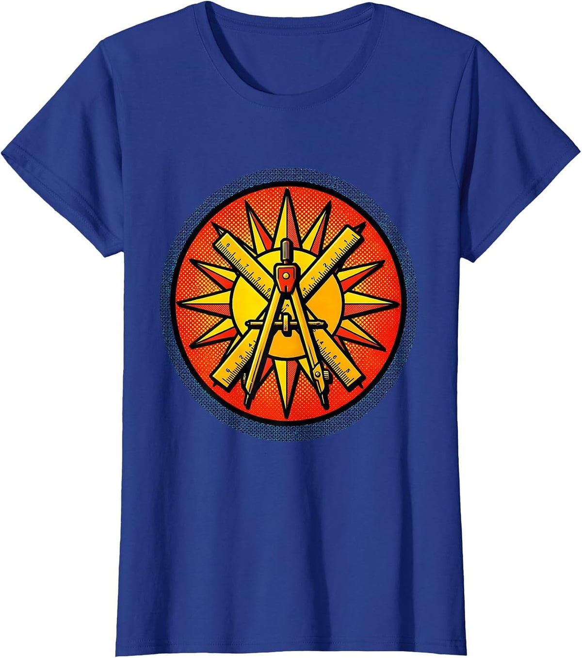 Women's Ruler and Compass Geometric Sun Illustration T-Shirt - Royal Blue