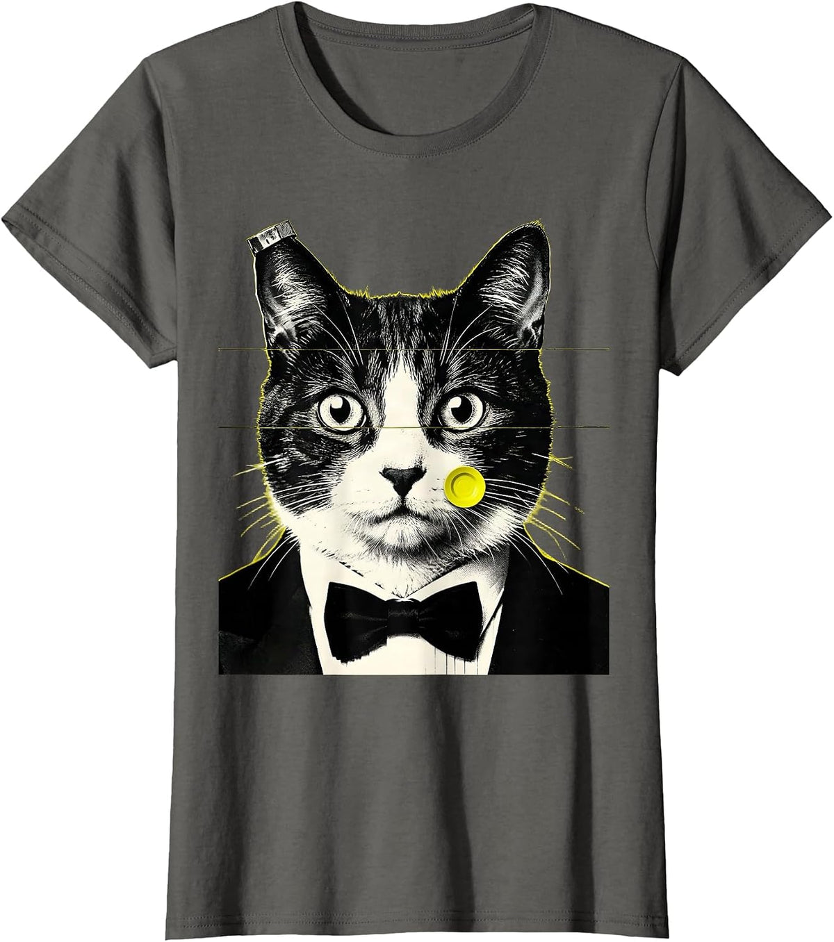Women's Monumental Tuxedo Cat UFO Screenprint Poster Novelty T-Shirt - Asphalt Grey