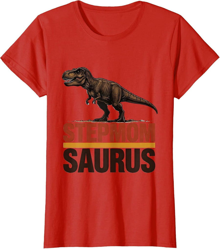 Women's Stepmomsaurus Funny T-Rex Dinosaur Family Matching Gift T-Shirt - Red
