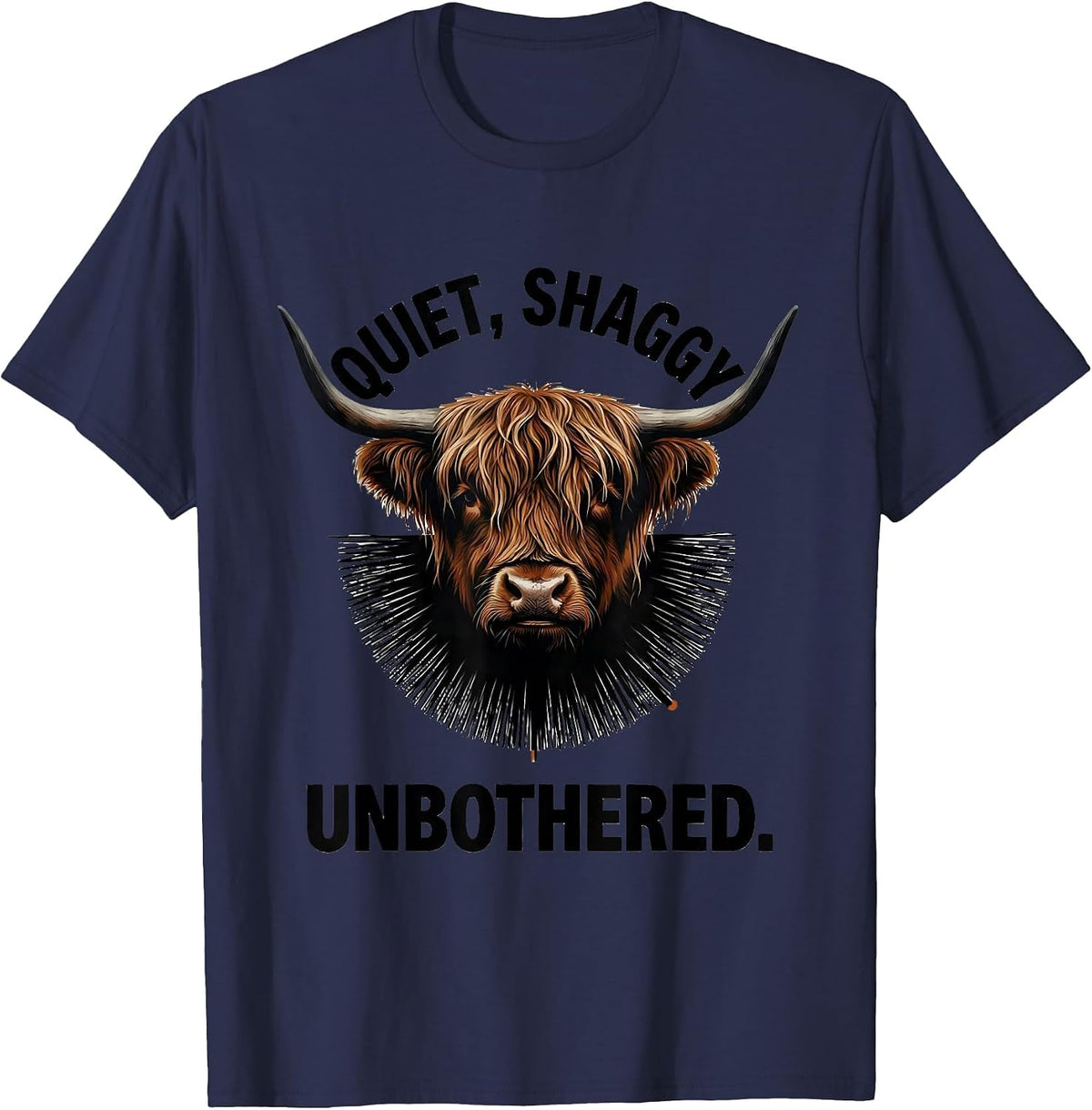Men's Quiet Shaggy Unbothered Funny Highland Cow Attitude T-Shirt - Navy Blue
