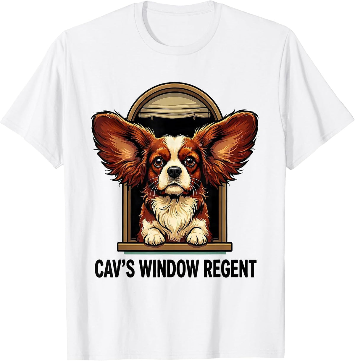 Men's Cav's Window Regent Cartoon Cavalier King Charles Spaniel T-Shirt - White