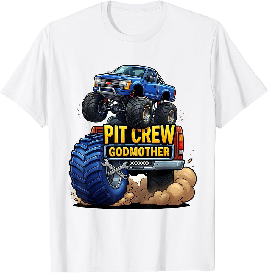 Men's Pit Crew Godmother Cartoon Monster Truck Birthday Family T-Shirt - White
