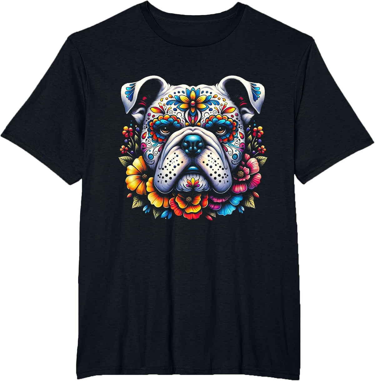 Cinco De Mayo Sugar Skull Flower Bulldog T-Shirt - Black