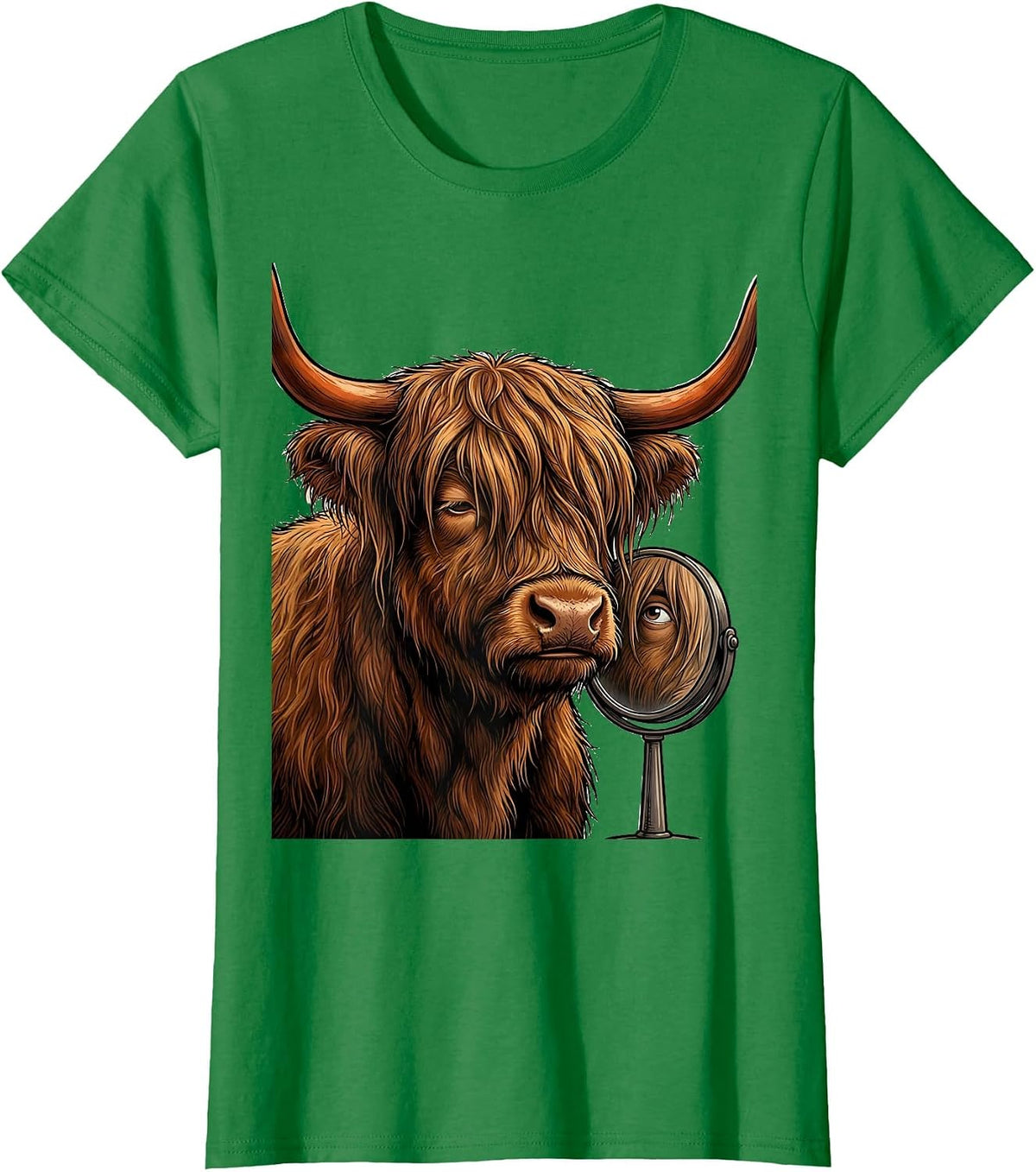 Women's Cartoon Highland Cow Mirror Funny Cow Lover Graphic T-Shirt - Kelly Green