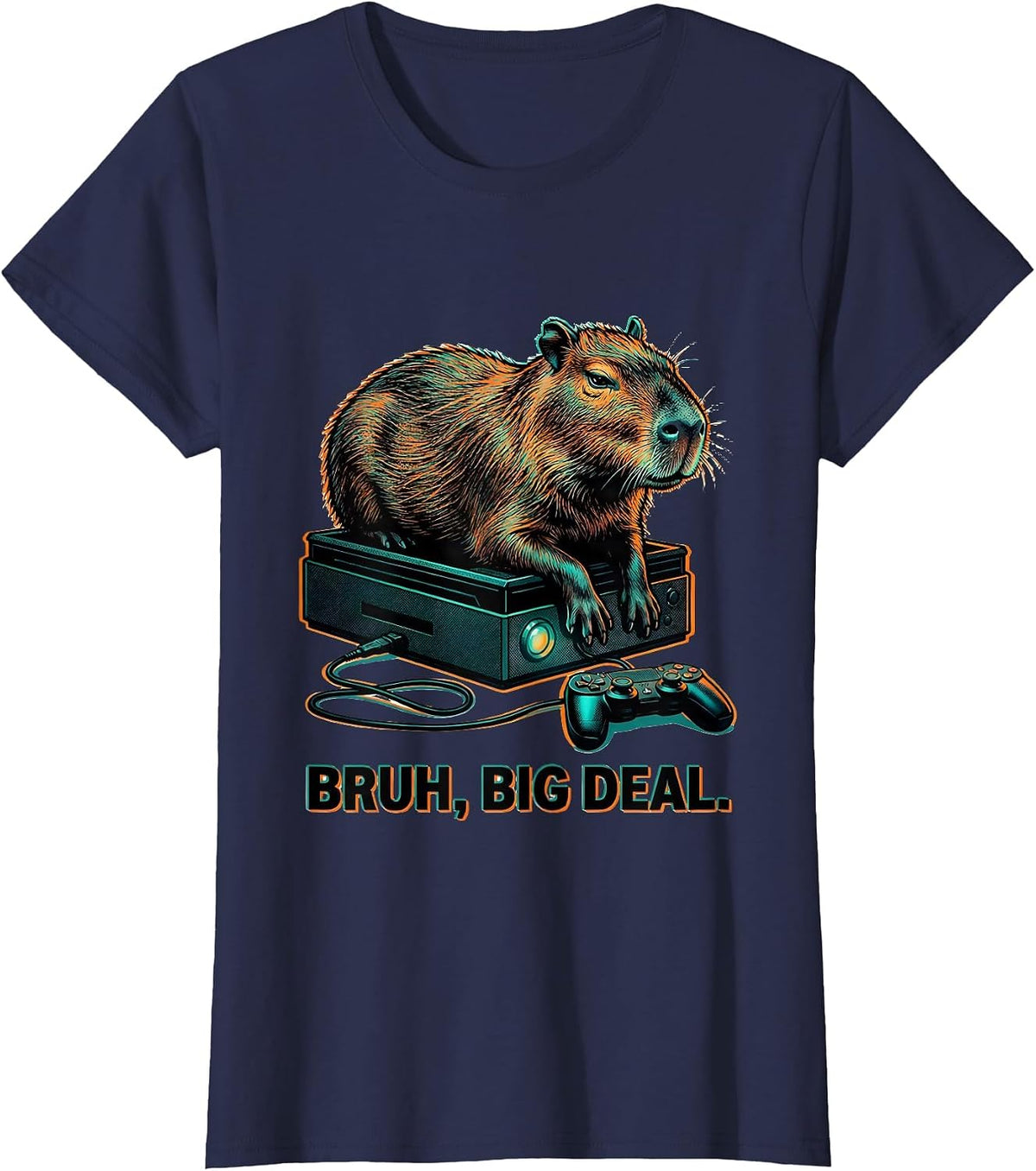 Women's Bruh Big Deal Risograph Capybara Gamer Meme Humor T-Shirt - Navy Blue