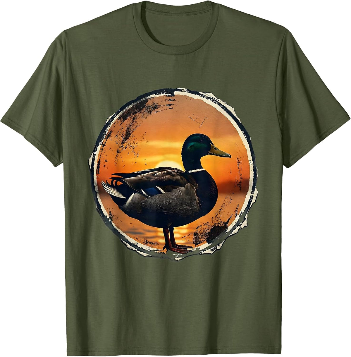 Men's Duck Silhouette Sunset Nature Graphic T-Shirt - Olive Green