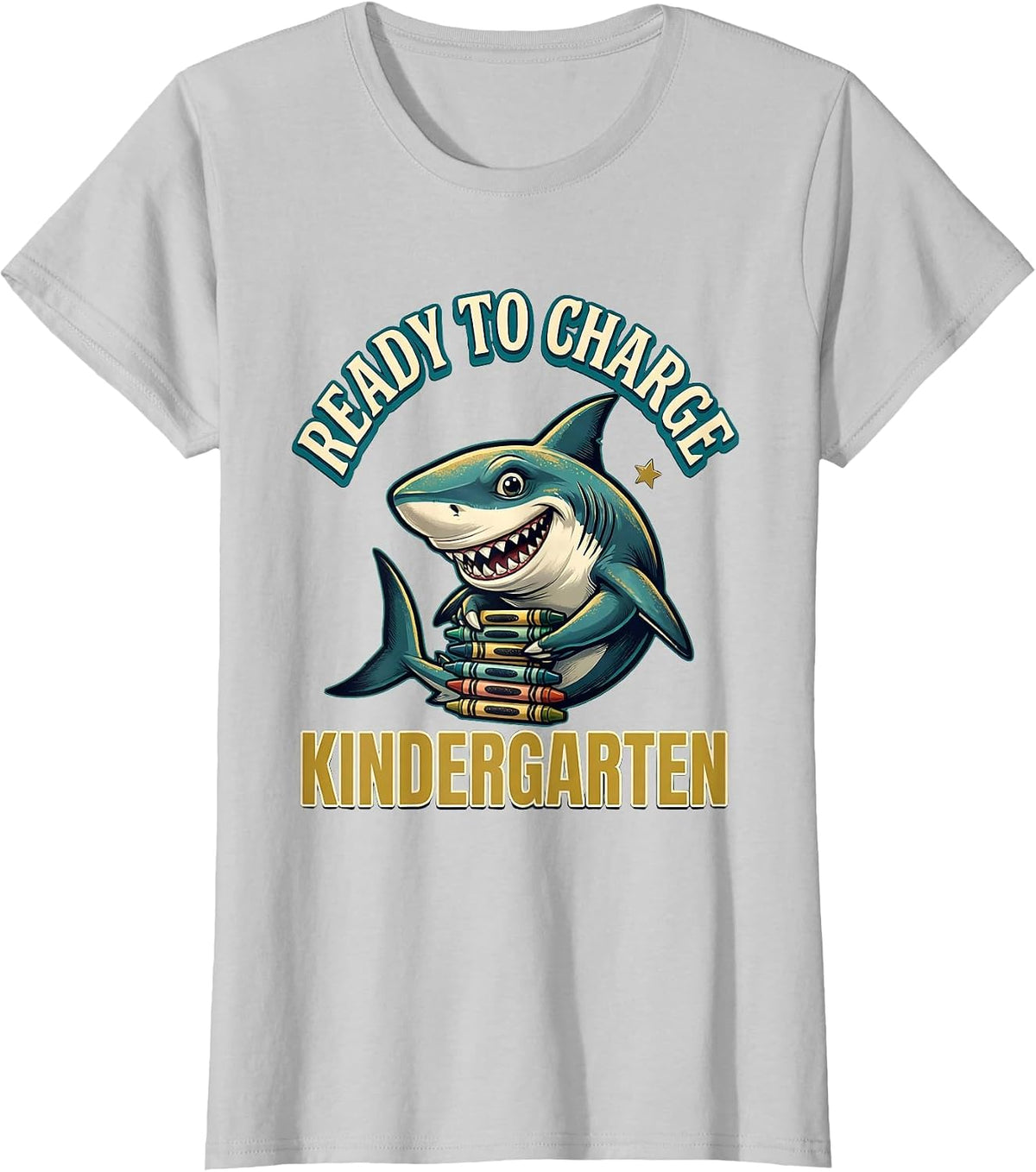 Women's Ready To Charge Kindergarten Funny Shark Back to School Kids T-Shirt - Silver Grey