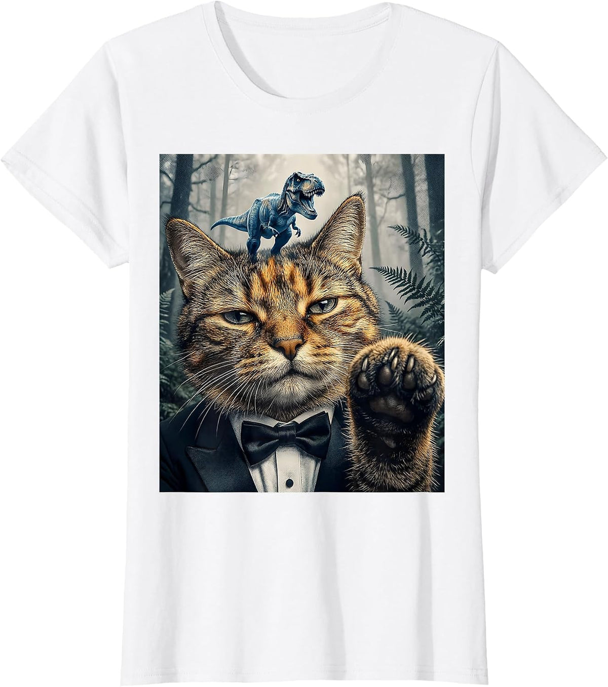 Women's Oversized Deadpan Tuxedo Cat T-Rex Selfie Funny Meme T-Shirt - White