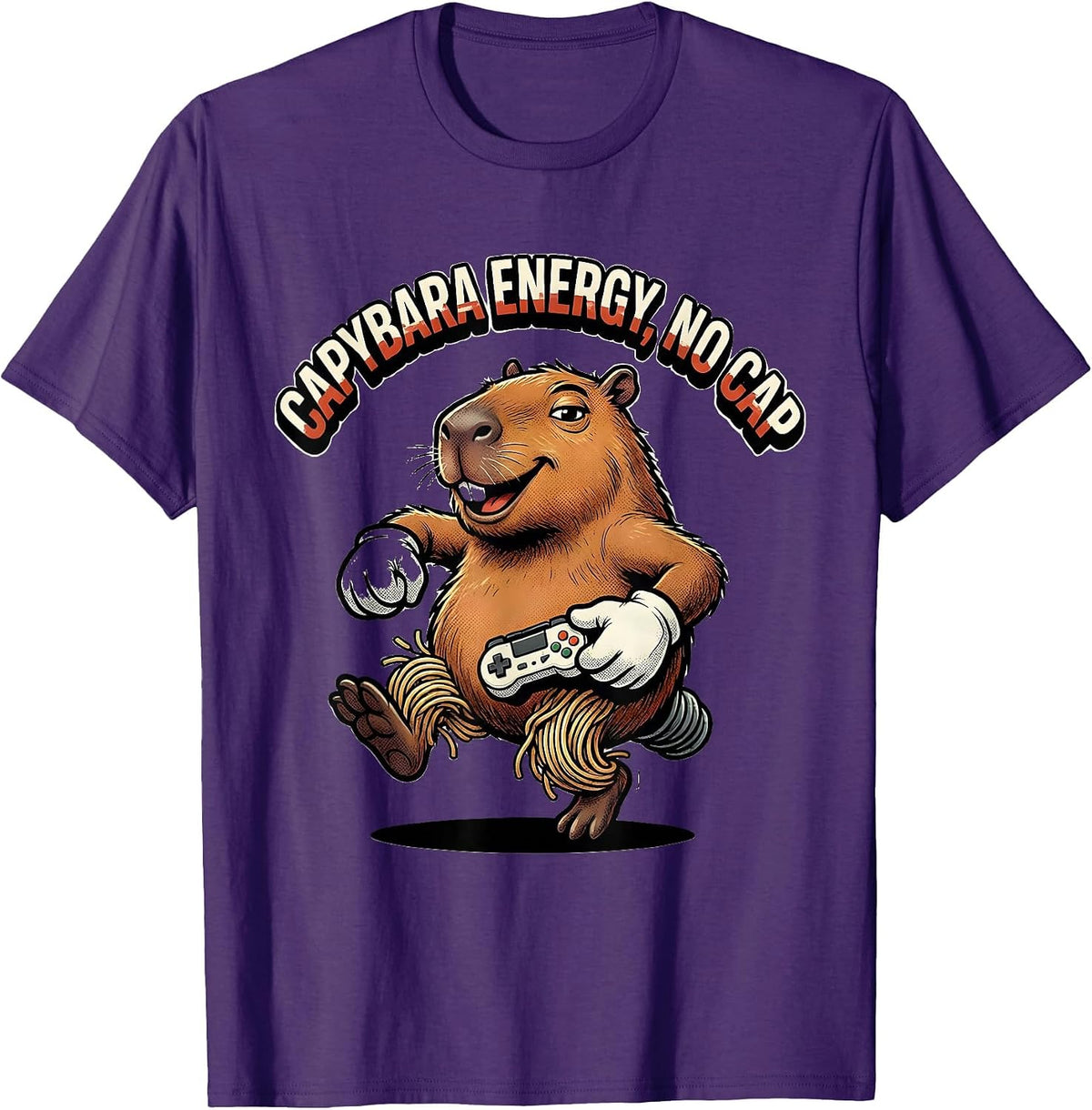 Men's Capybara Energy, No Cap Retro Cartoon Funny Gamer Meme Humor T-Shirt - Purple