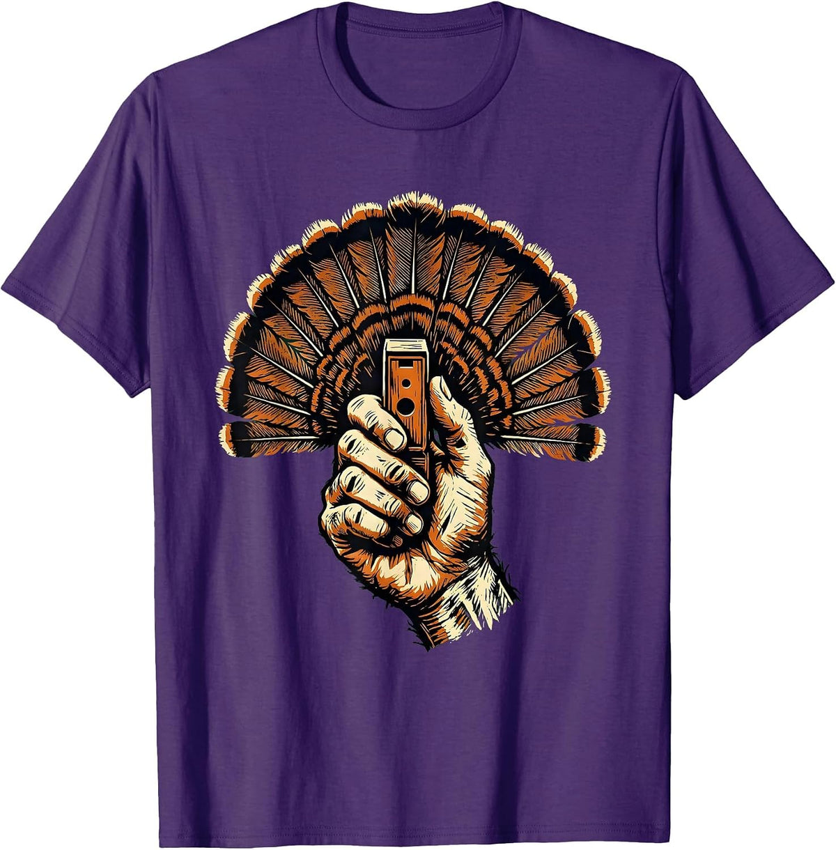 Turkey Call and Feathers Hunting Graphic T-Shirt - Purple