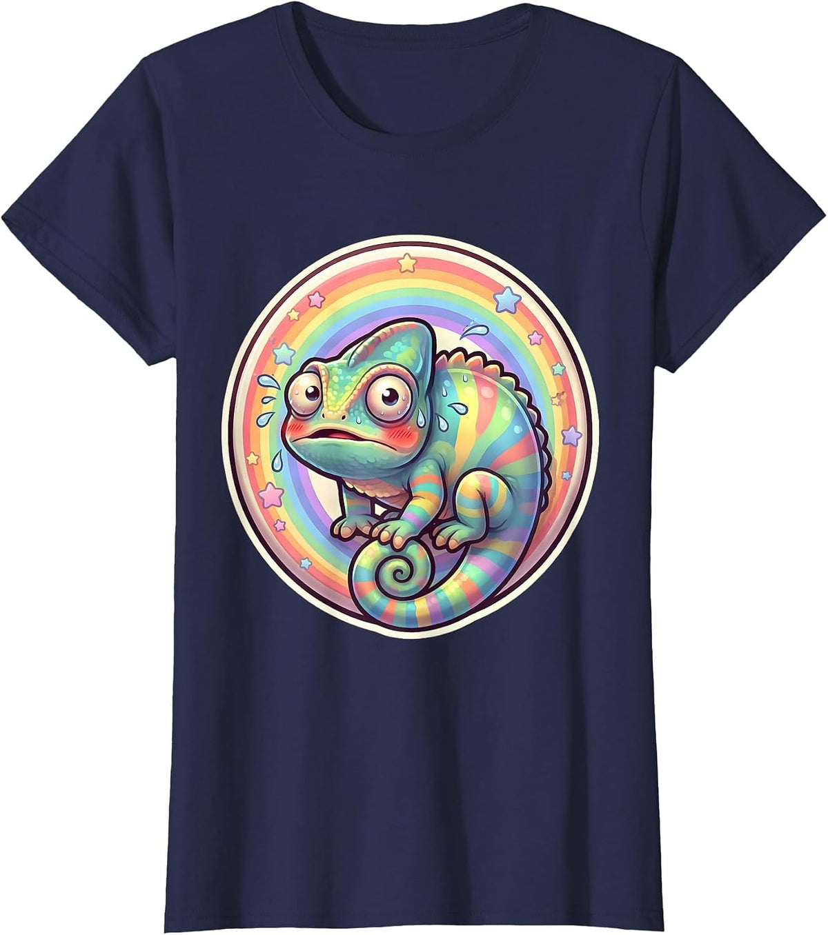 Women's Funny Chameleon Blending Into Rainbow T-Shirt - Navy Blue
