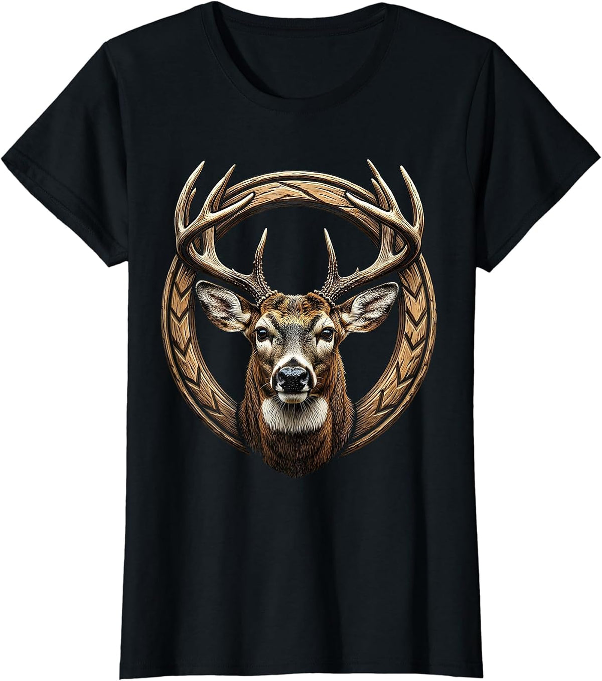 Whitetail Buck Head Straight-On Portrait Graphic T-Shirt - Black