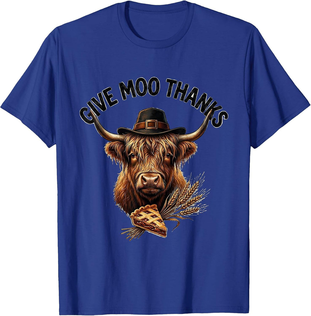 Give Moo Thanks Funny Highland Cow Holiday Humor T-Shirt - Royal Blue