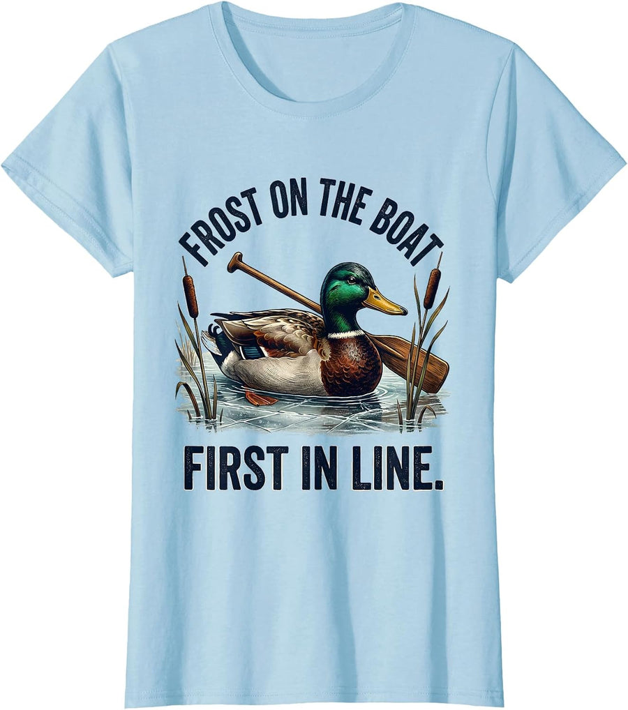 Women's Frost On The Boat, First In Line Vintage Duck Hunting Dad T-Shirt - Baby Blue