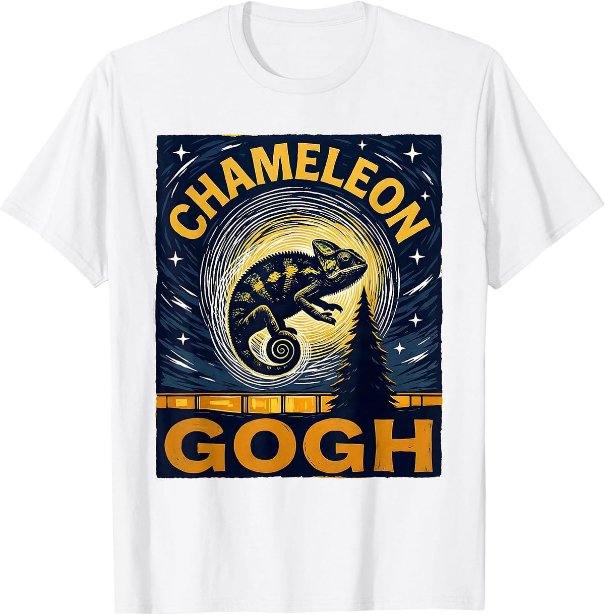 Men's Chameleon Gogh Linocut Funny Chameleon Lover Pet Owner Art T-Shirt - White