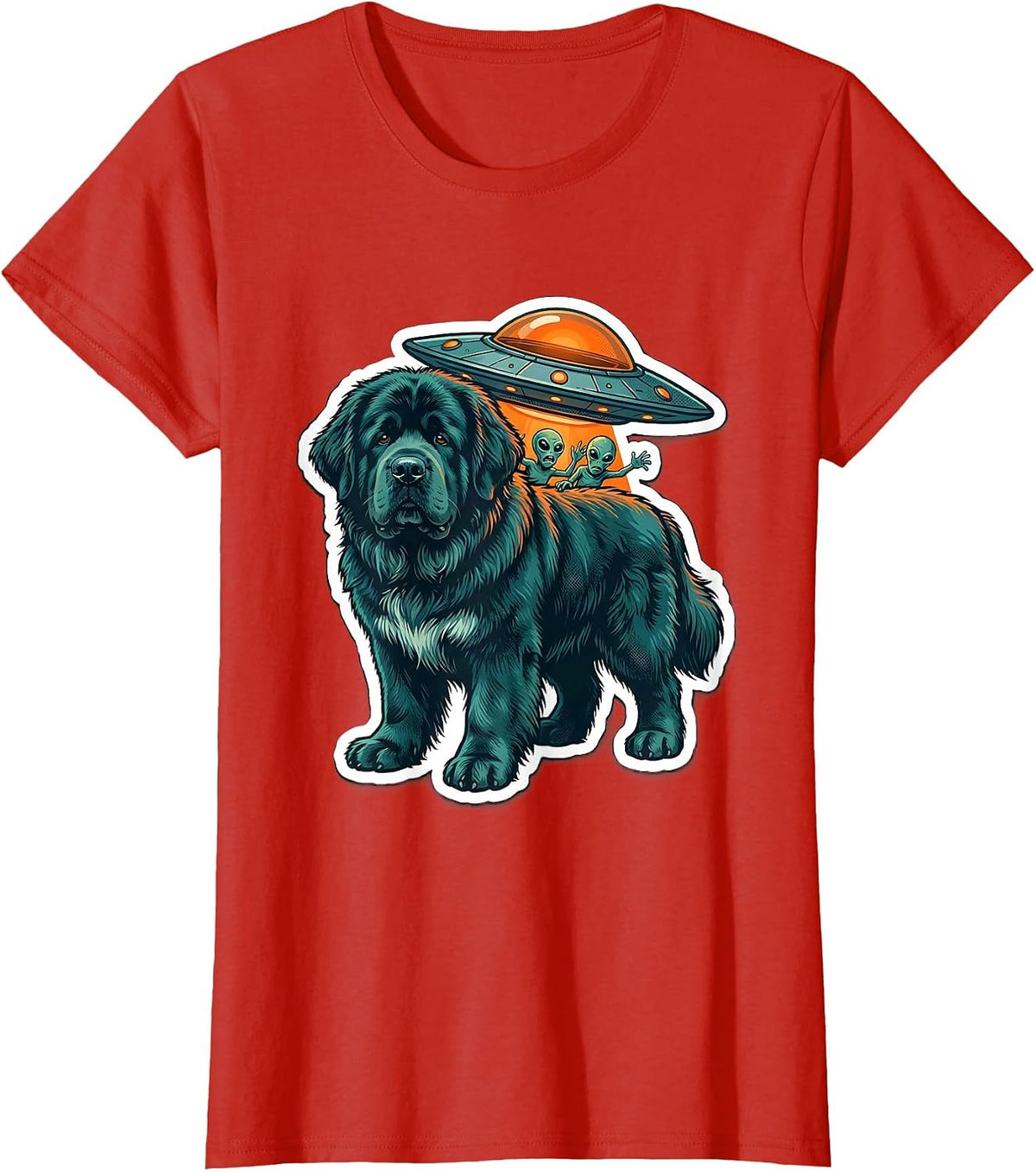 Newfoundland Dog Alien Abduction Funny Novelty Sticker T-Shirt - Red