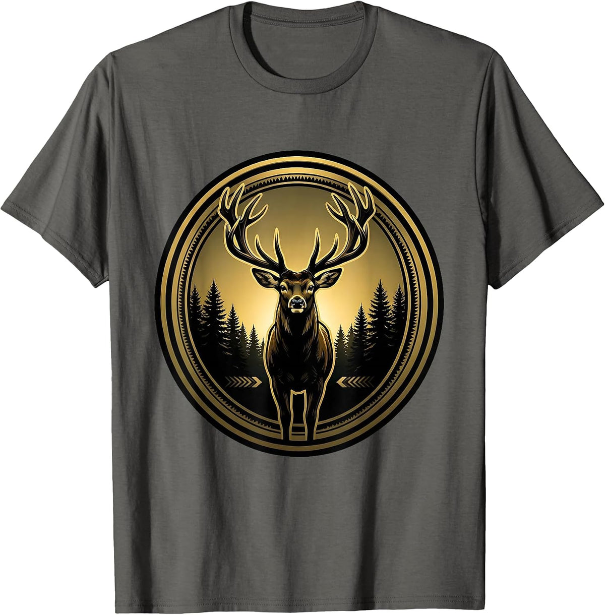 Buck Deer Silhouette Dawn Treeline Hunting Design T-Shirt - Asphalt Grey