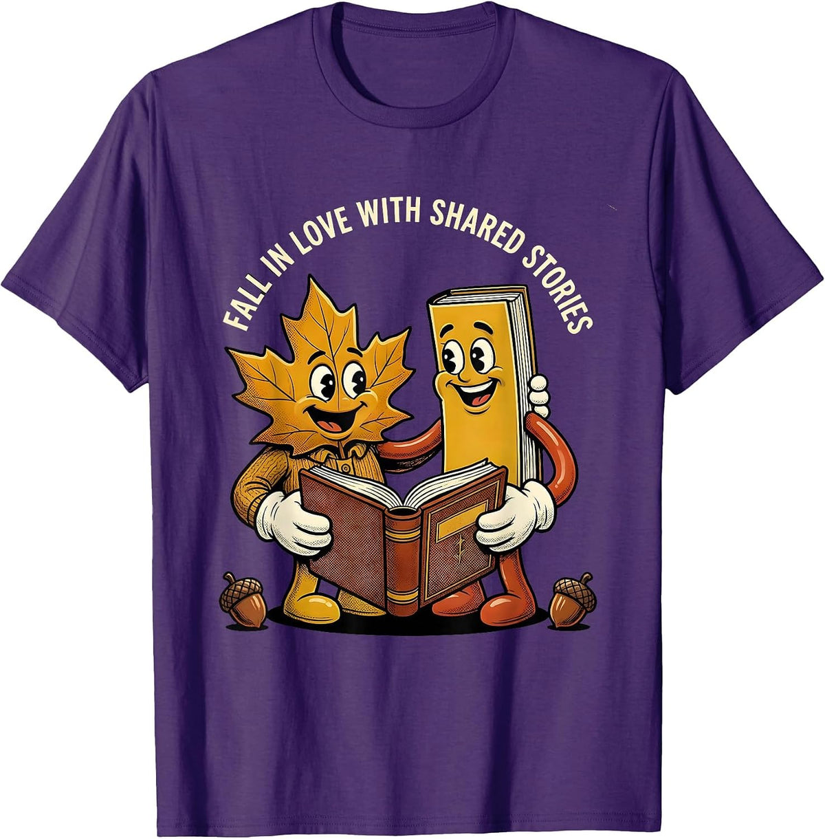 Men's Fall In Love With Shared Stories Retro Cartoon Teacher Book T-Shirt - Purple