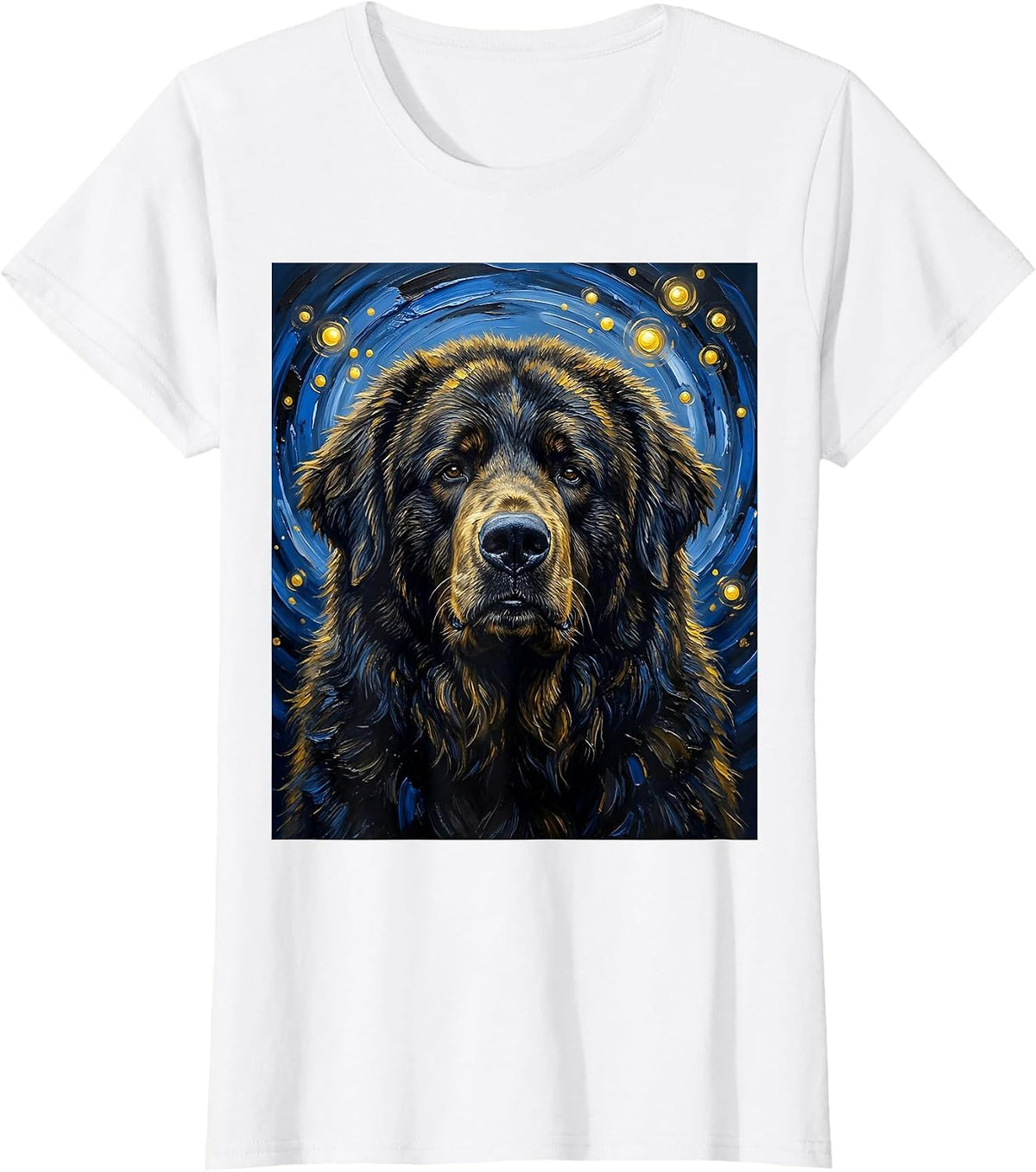 Women's Newfoundland Dog Van Gogh Style Starry Night Portrait T-Shirt - White