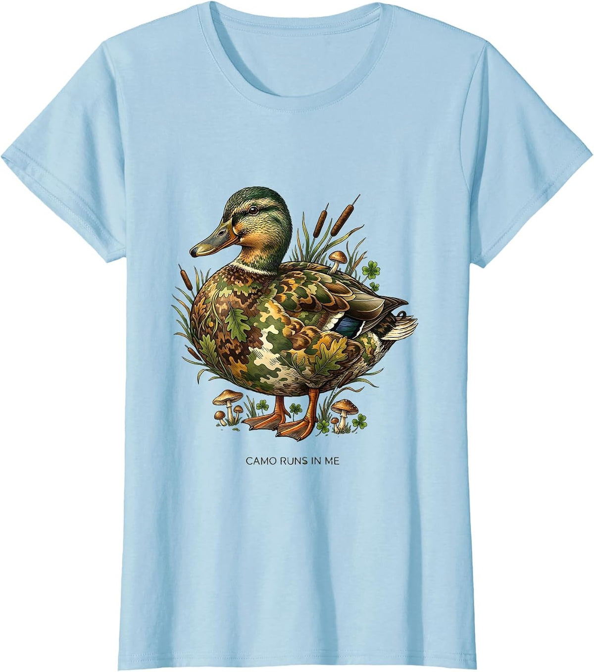 Women's Camo Runs In Me Duck Hunting Design T-Shirt - Baby Blue