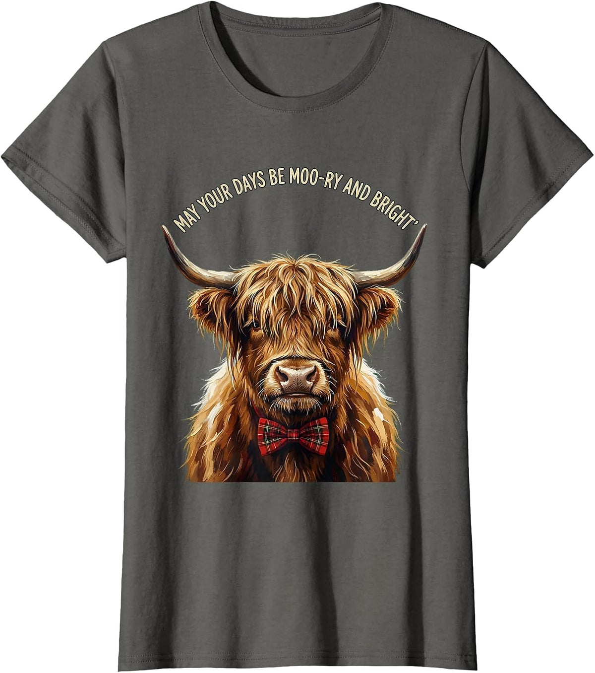 Women's May Your Days Be Moo-ry And Bright Whimsical Highland Cow T-Shirt - Asphalt Grey