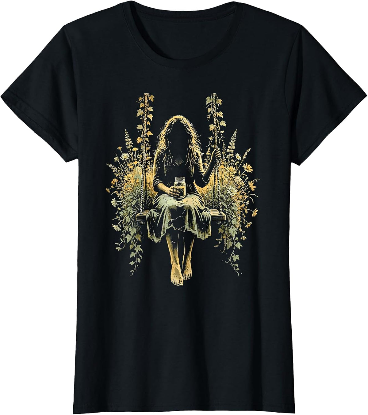 Women's Country Porch Swing Mason Jar Illustration T-Shirt - Black