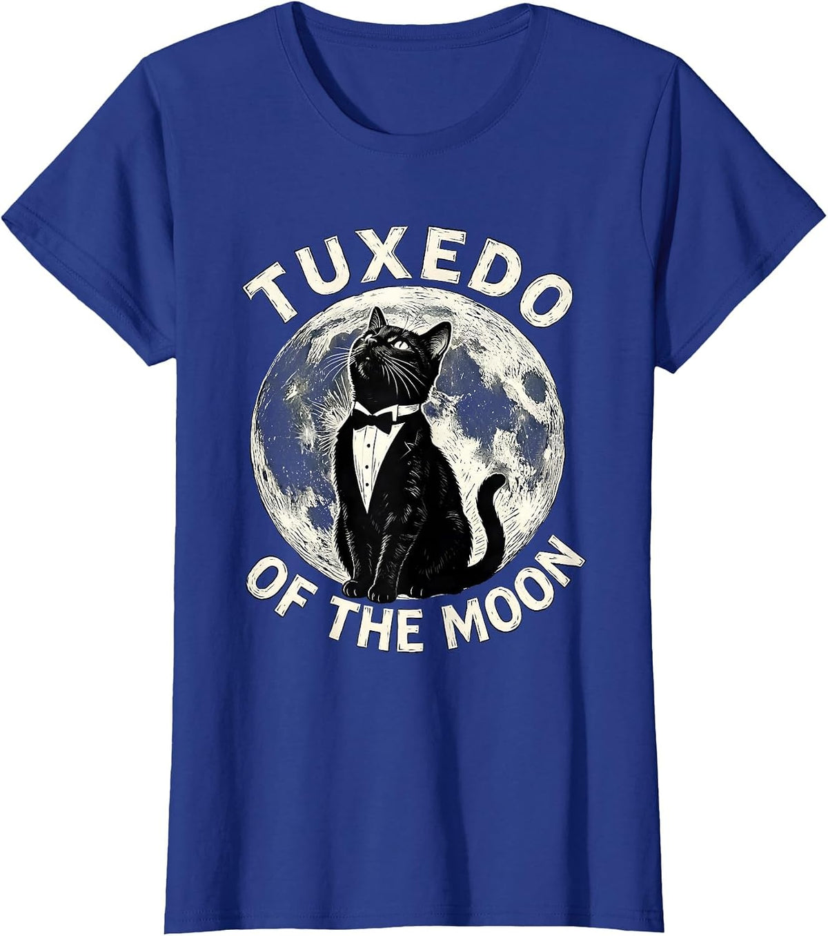 Women's Tuxedo Of The Moon Linocut Tuxedo Cat Retro Humor T-Shirt - Royal Blue
