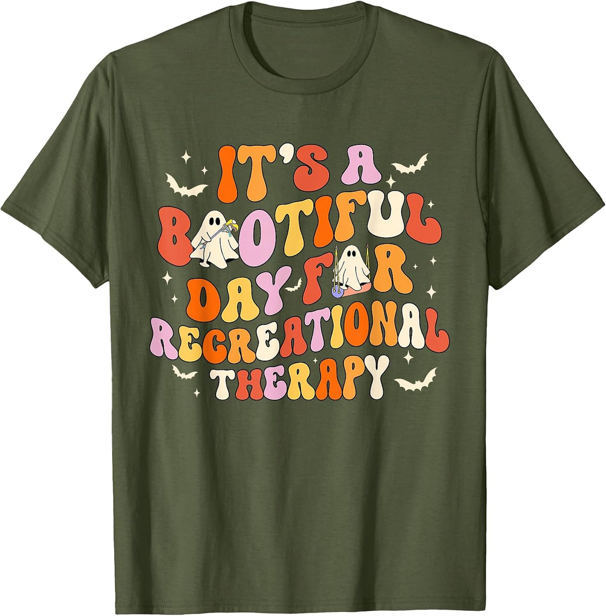 Retro It's A Bootiful Day for Recreational Therapy Halloween T-Shirt - Olive Green