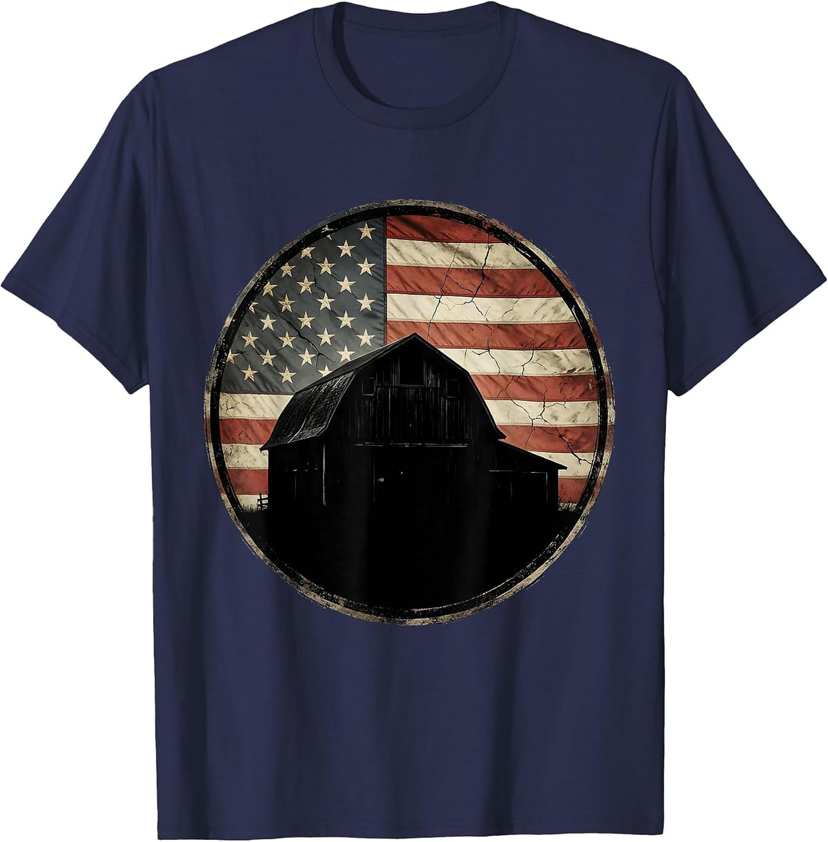 Weathered Barn American Flag Patriotic Design T-Shirt - Navy Blue