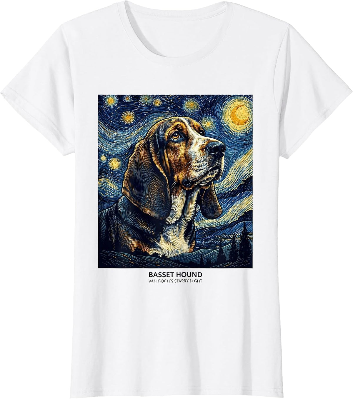 Women's Basset Hound Van Gogh's Starry Night Art Portrait Dog Lover T-Shirt - White