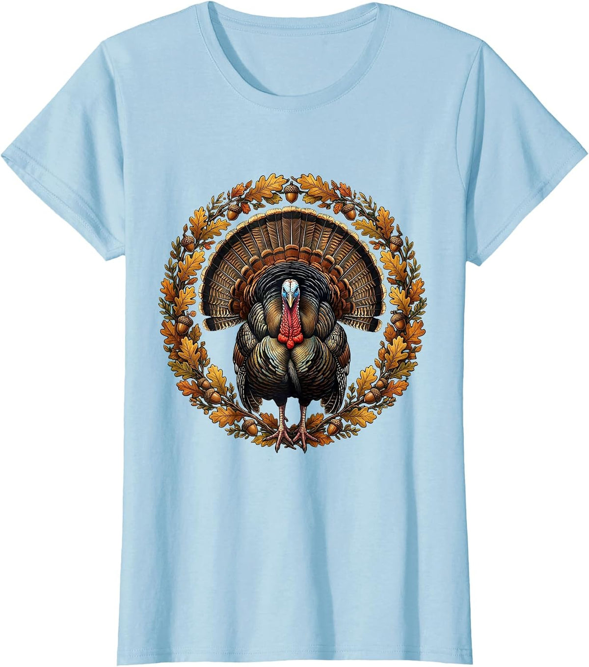 Women's Camo Turkey Strutting Autumn Underbrush Illustration T-Shirt - Baby Blue