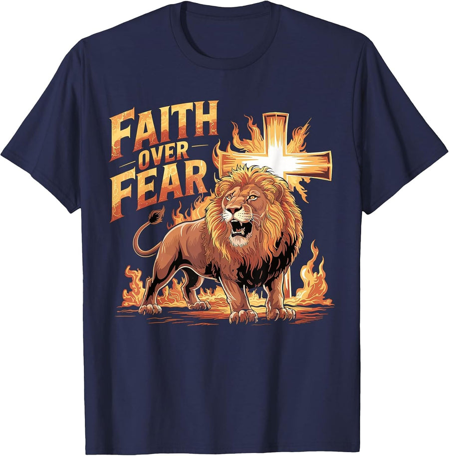 Faith Over Fear Lion of Judah Religion Christian Biblical T-Shirt - Navy Blue