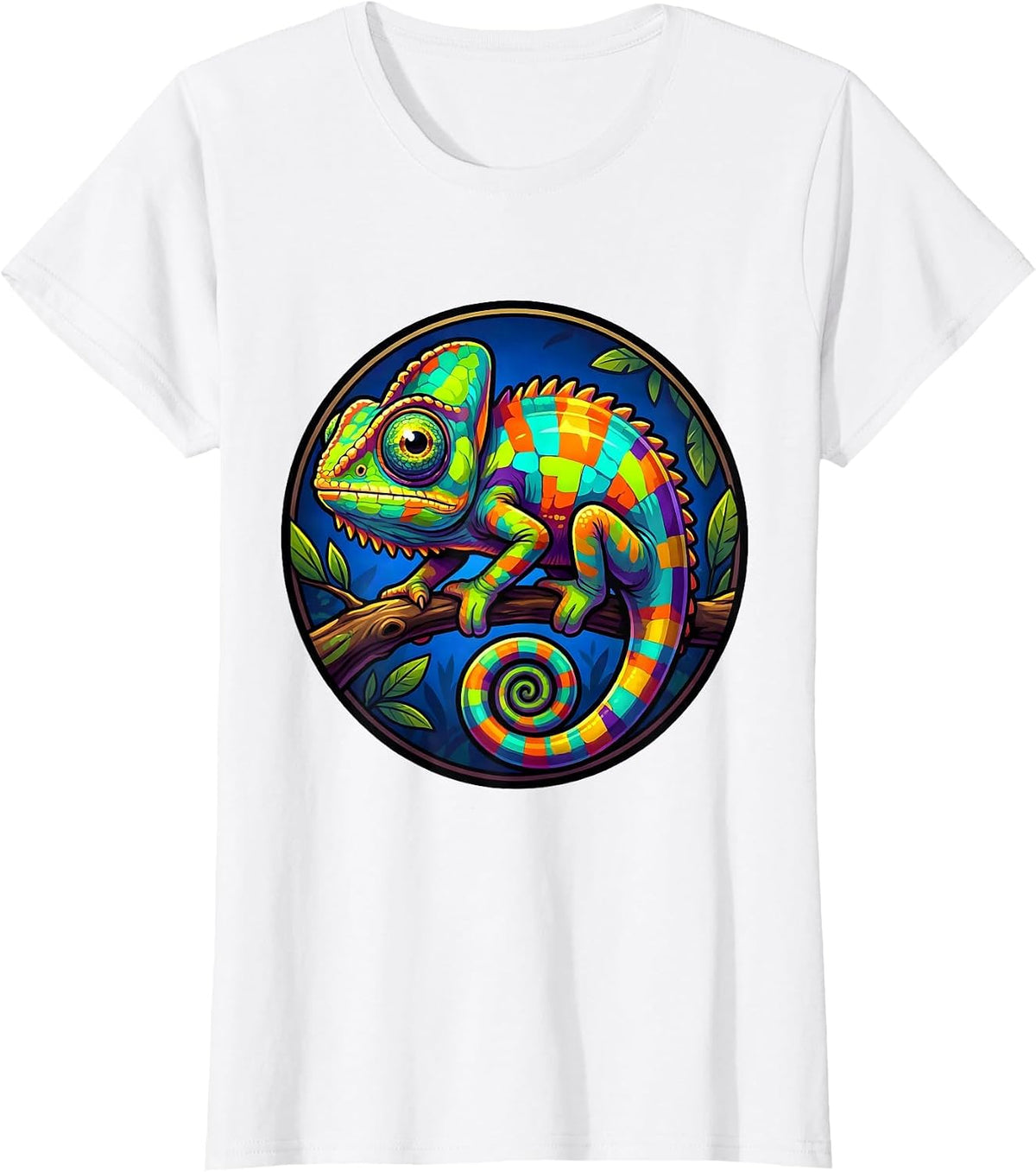 Women's Vivid Chameleon on Branch Animal Kingdom Art T-Shirt - White