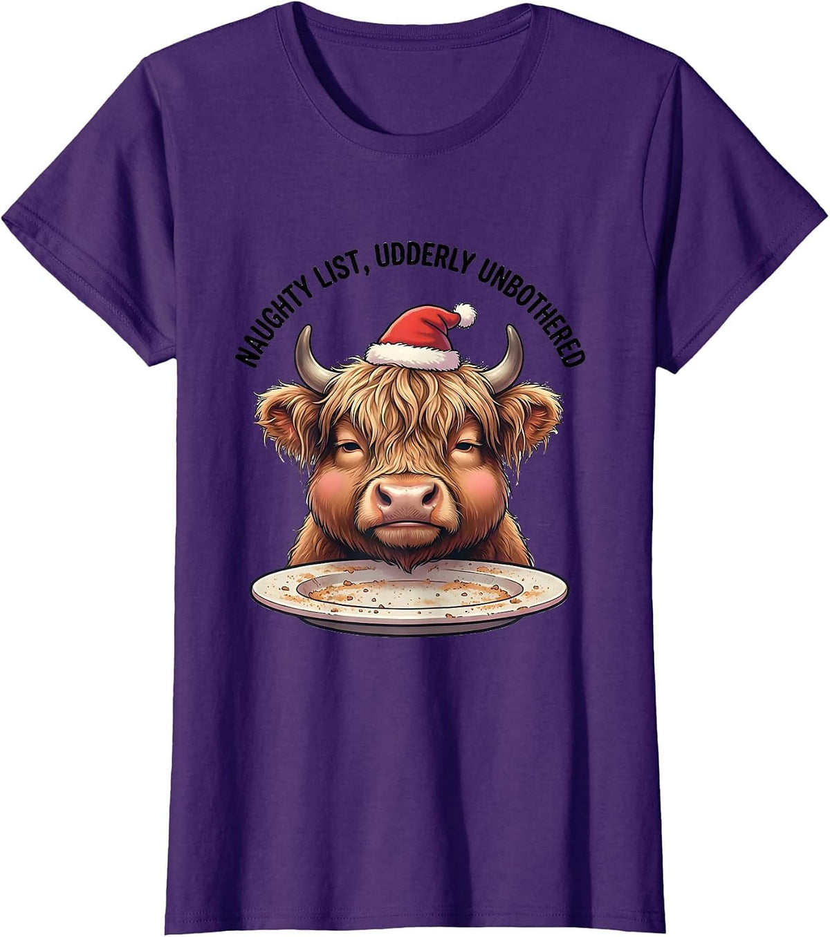 Women's Naughty List, Udderly Unbothered Cute Kawaii Highland Cow T-Shirt - Purple