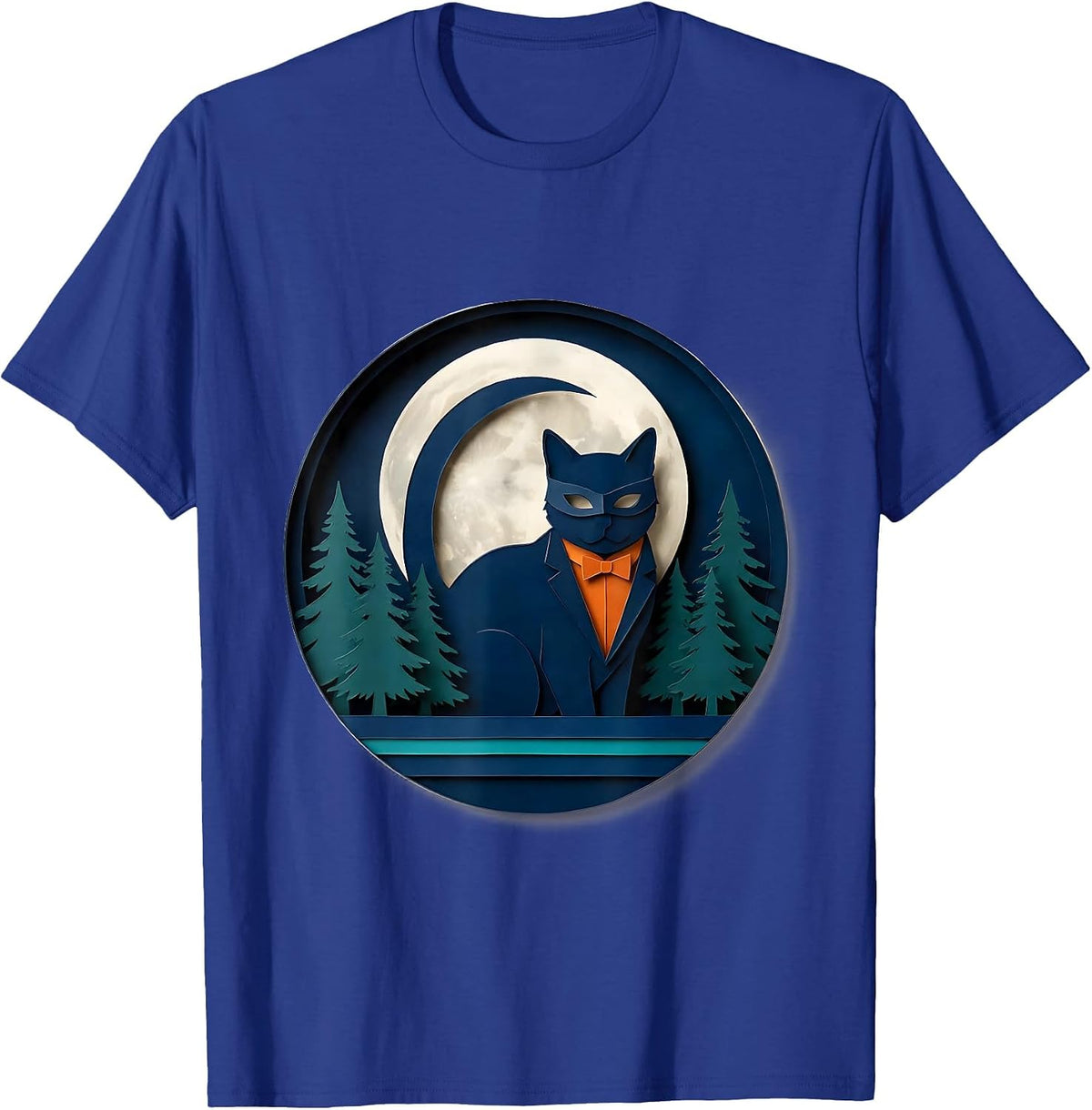 Reclining Tuxedo Cat 90s Retro Moon Portrait T-Shirt - Royal Blue