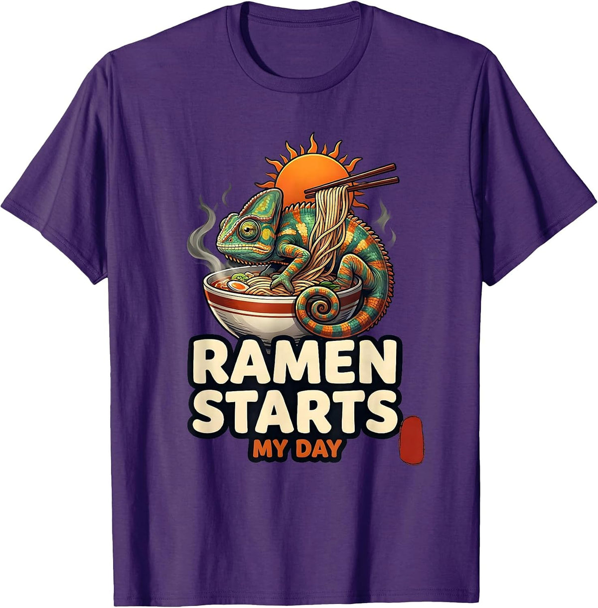 Ramen Starts My Day Funny Japanese Chameleon Anime Novelty T-Shirt - Purple